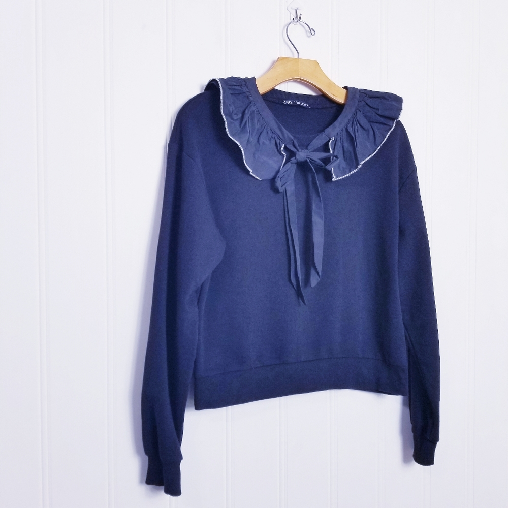 Zara Sweatshirt S Detachable Peter Pan Ruffle Collar Coquette Black White Bow